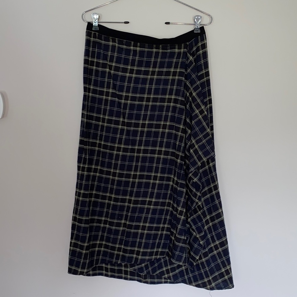 VINCE Plaid Asymmetrical Midi Skirt